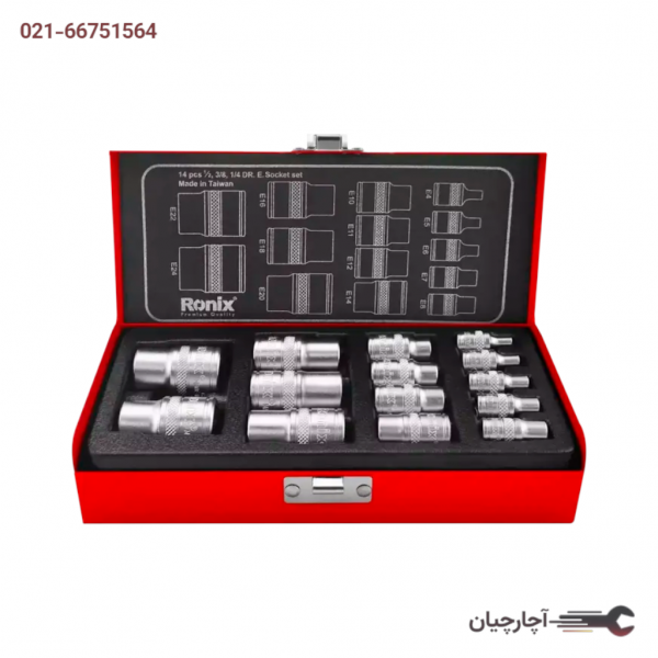 جعبه بکس ترکیبی 1/2 ، 1/4 ، 3/8 اینچ 14 پارچه E برند رونیکس، کد کالا RH-2695