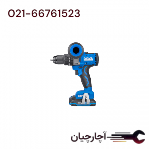 دریل شارژی 13 میلیمتری 20 ولت براشلس دوسرعته برند نووا، کد کالا 7727