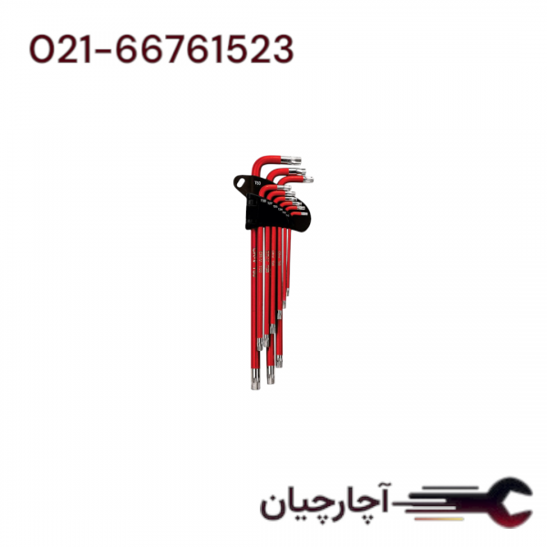 آچار آلن روکش دار دسته فوق بلند سری ستاره ای 9 عددی برند هیوندای، کد کالا HT395