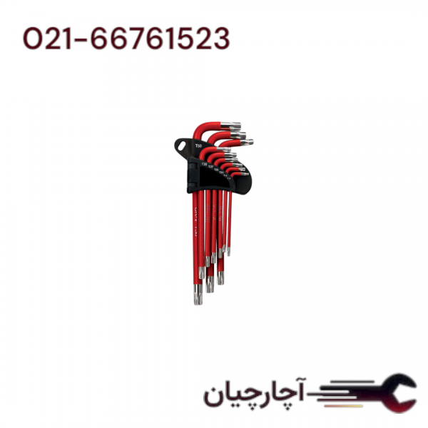 آچار آلن روکش دار دسته بلند سری ستاره ای 9 عددی برند هیوندای، کد کالا HT390