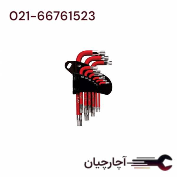 آچار آلن روکش دار دسته کوتاه سری ستاره ای 9 عددی برند هیوندای، کد کالا HT295