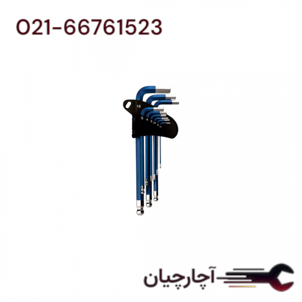 آچار آلن روکش دار دسته بلند سری شش گوش 9 عددی برند هیوندای، کد کالا HT195