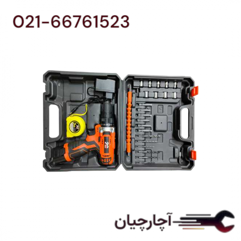 دریل 2 سرعته با لوازم 25 پارچه 12 ولت 1.5 آمپر برند پی ام، کد کالا P.M