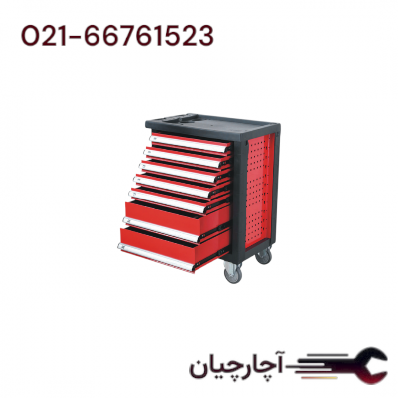 جعبه ابزار 7 کشو 770*465*965با چرخ ضخامت ورق بدنه 0.8 و کشو ها 0.6 میلیمتر ظرفیت کشوها 20-25 کیلو  برند ال کا کد کالا: Y9143