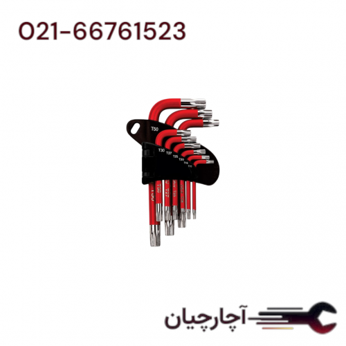 آچار آلن روکش دار دسته کوتاه سری ستاره ای 9 عددی برند هیوندای، کد کالا HT295
