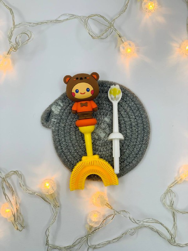 مسواک سیلیکونی چرخشی 360 درجه دوکاره مدل U شکل طرح حیوانات قاب دار کودک