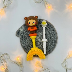 مسواک سیلیکونی چرخشی 360 درجه دوکاره مدل U شکل طرح حیوانات قاب دار کودک