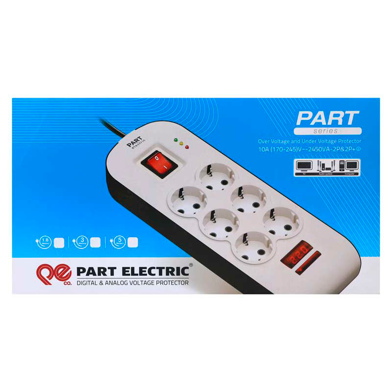 محافظ برق صوتی تصویری 6 خانه ارت دار پارت الکتریک با کابل 1٫8 متری PE8794