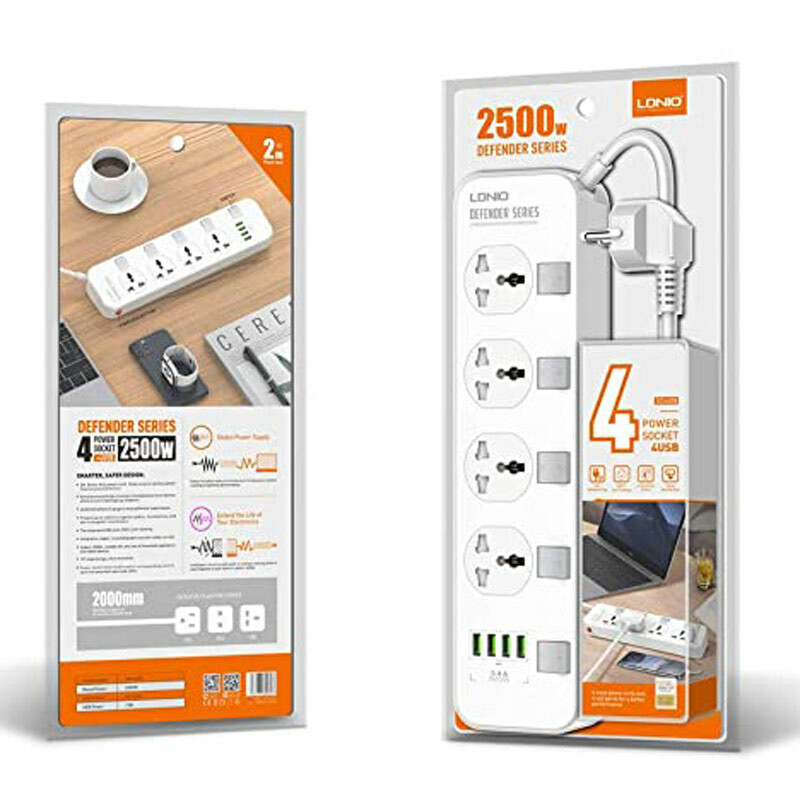چند راهی 4 خانه برق LDNIO SC4408 با کابل 2 متری + شارژر USB
