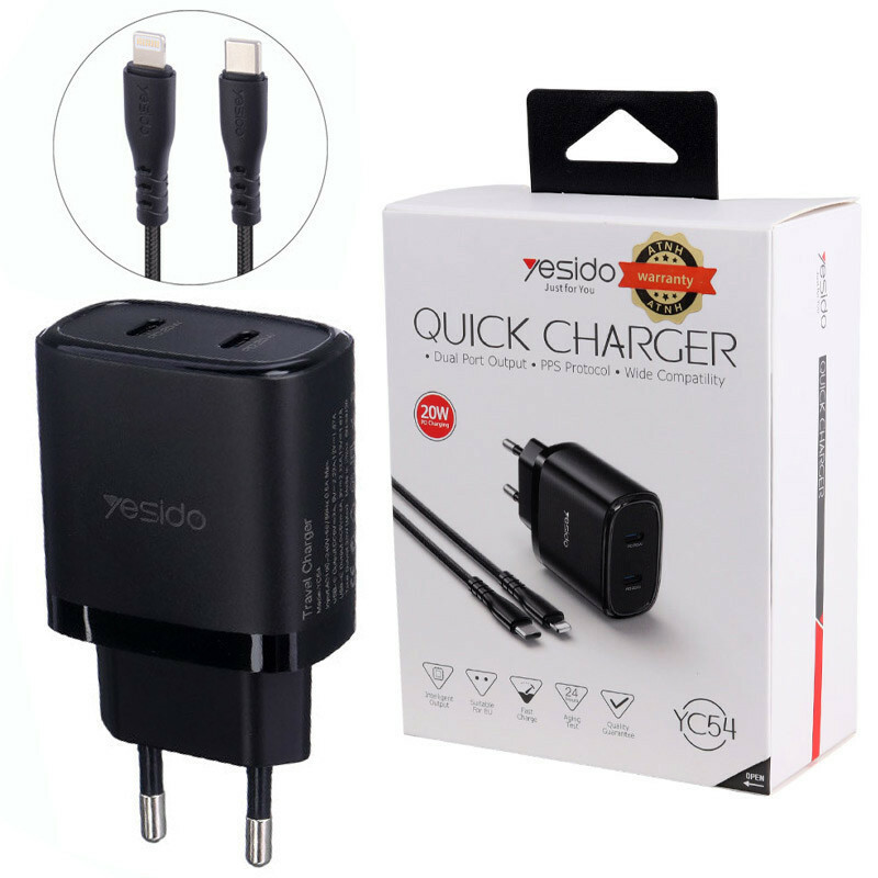 شارژر دیواری 20 وات یسیدو YC54 PD 3A + کابل تبدیل آیفونی