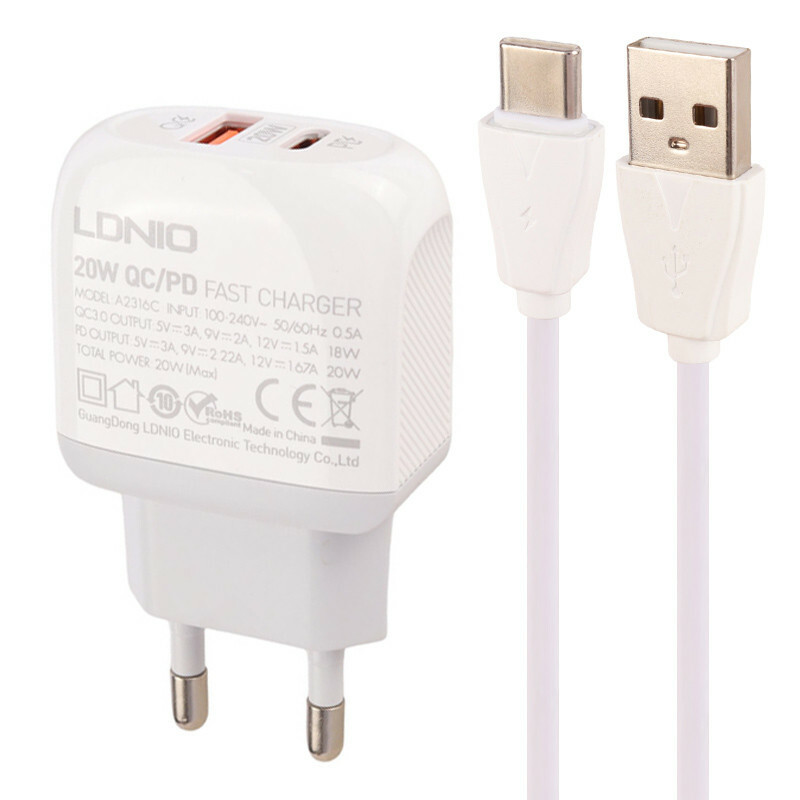 شارژر دیواری فست شارژ Ldnio A2316C 2Port 3A QC3.0 PD 20W + کابل تایپ سی