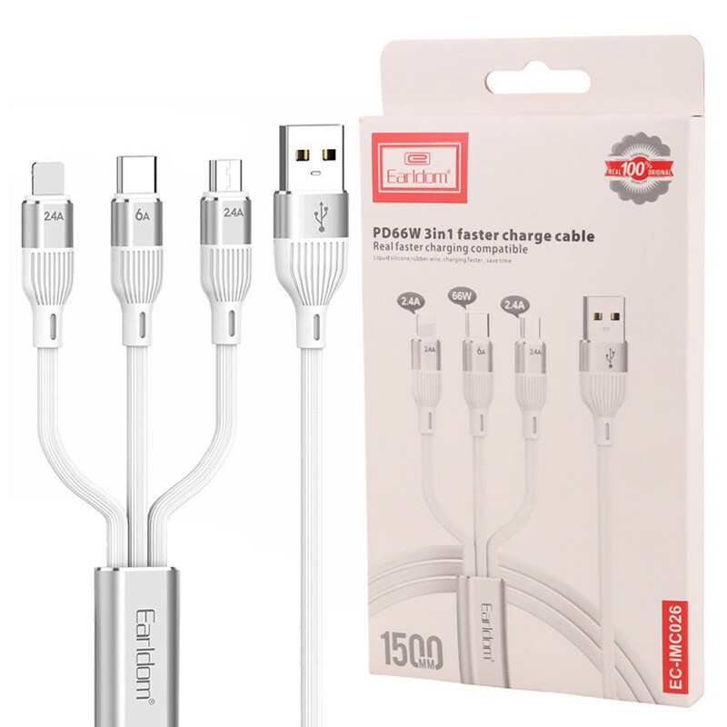 کابل سه سر فست شارژ 66 وات ارلدام EC-IMC026 طول 1.5 متر