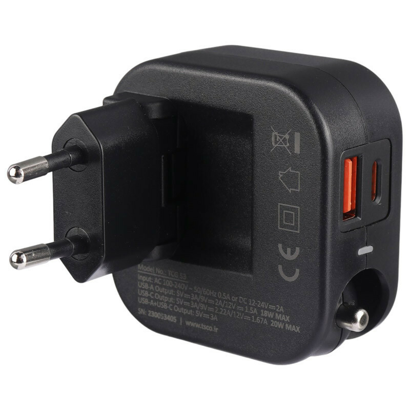 شارژر فندکی و دیواری فست شارژ TSCO TCG 53 3A 20W + کابل تایپ سی