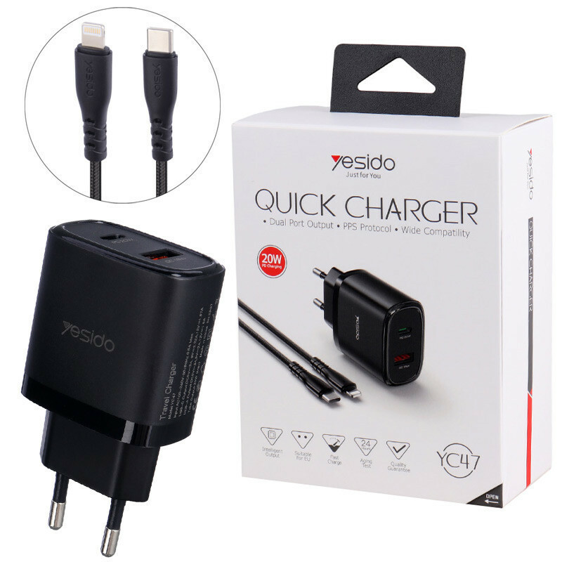 شارژر دیواری 20 وات یسیدو YC47 PD QC 3A + کابل تبدیل آیفونی