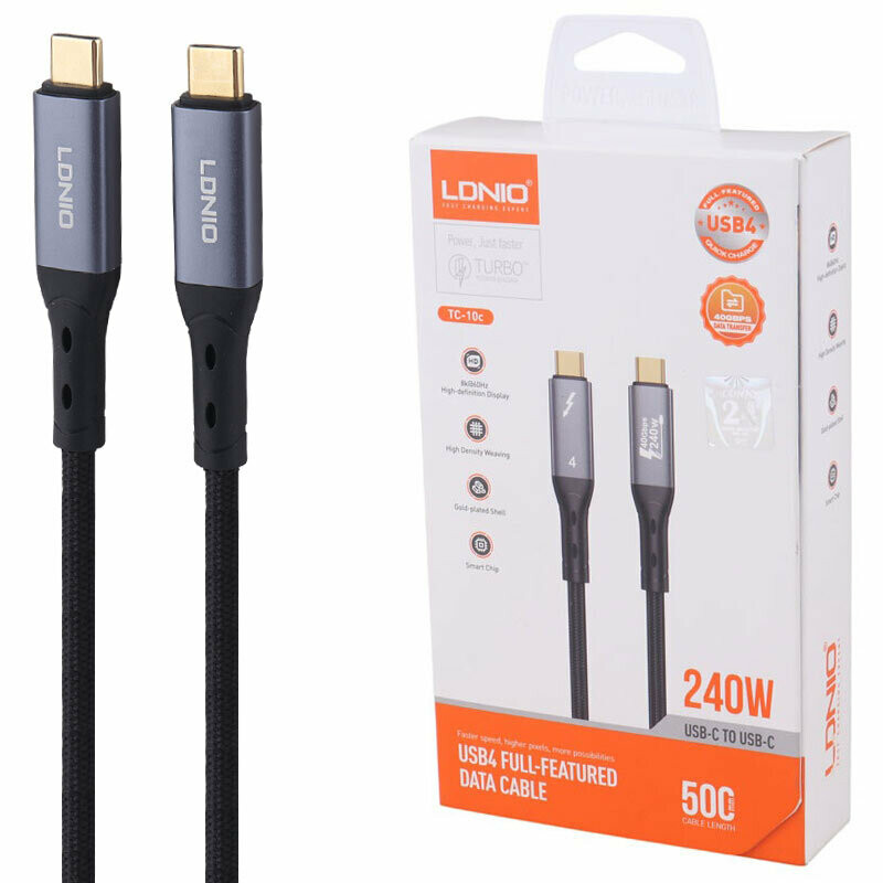 کابل دو سر تایپ سی فست شارژ 240 وات الدینیو TC-10C طول 0.5 متر