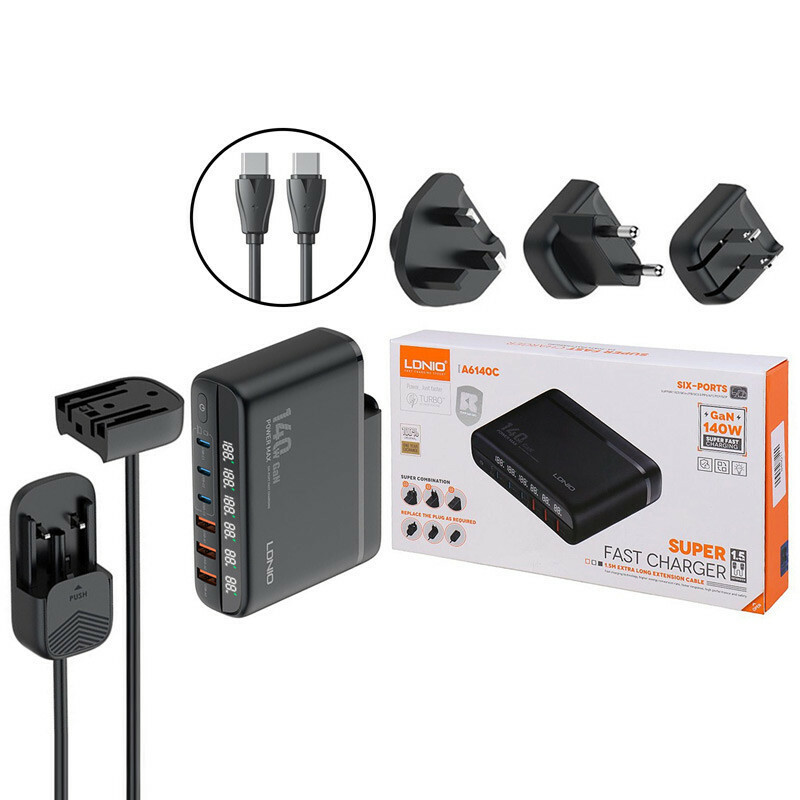 شارژر دیواری 140 وات الدینیو A6140C GaN QC5.0 PD 5A + کابل تبدیل تایپ سی و تبدیل برق
