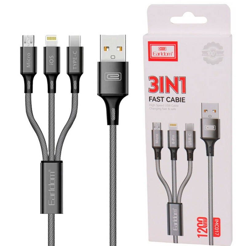 کابل سه سر فست شارژ 2.4 آمپر ارلدام EC-IMC017 طول 1.2 متر