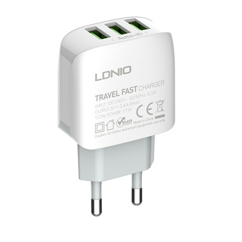 شارژر دیواری فست شارژ LDNIO A3312 3Port 3.4A 17W  به همراه کابل تایپ سی