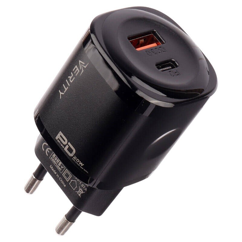 شارژر دیواری فست شارژ Verity AP-2125 2Port 3A QC3.0 PD 20W + کابل تایپ سی