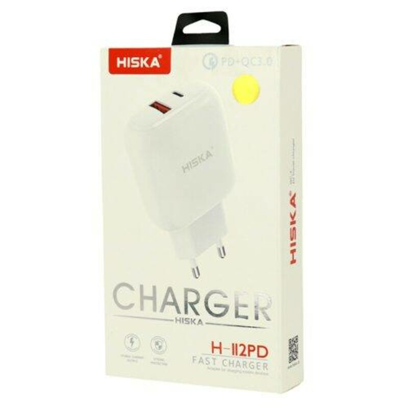 شارژر دیواری فست شارژ Hiska H-112 2Port QC3.0 3A PD 18W + کابل تایپ سی