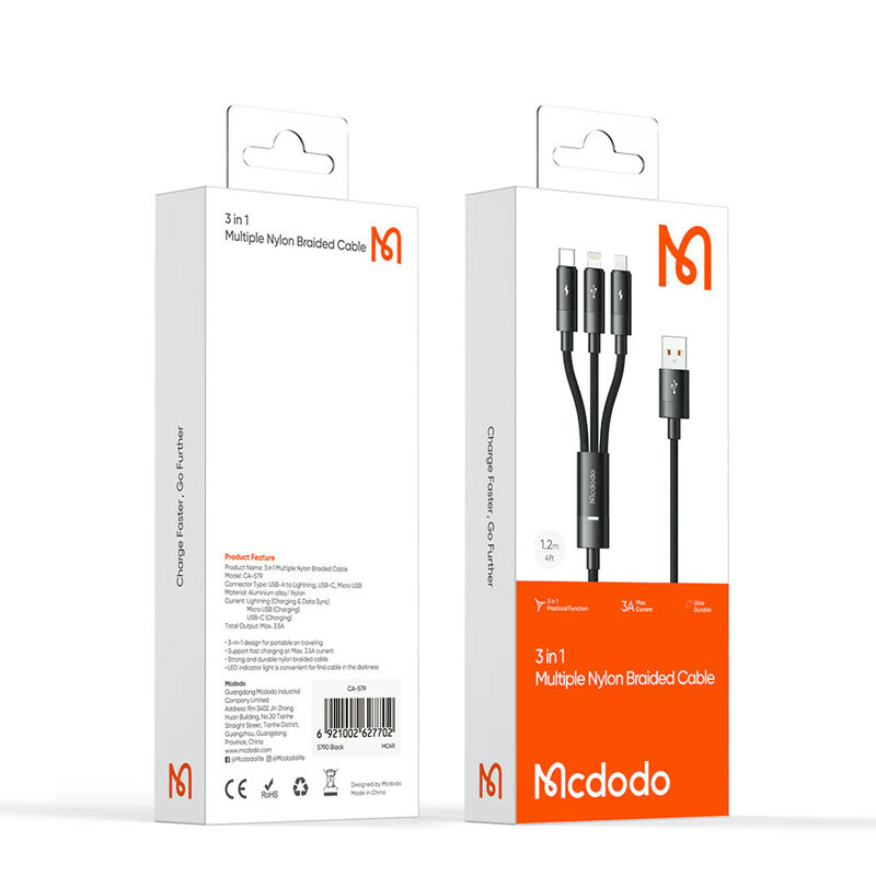 کابل 3 سر فست شارژ Mcdodo CA-579 3A 1.2m