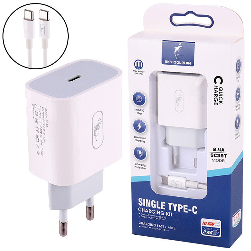 شارژر دیواری فست شارژ Sky Dolphin SC38T 2.4A 10.5W Type-C + کابل تبدیل تایپ سی