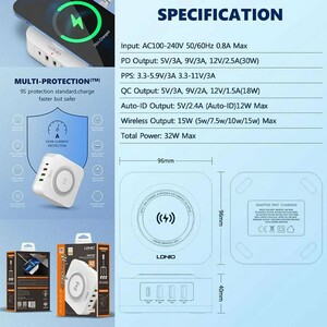 شارژر بی سیم فست شارژ 4 پورت Ldnio AW004 QC3.0 PD 32W
