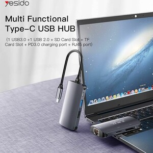 هاب و رم ریدر Yesido HB15 USB3.0/USB2.0/SD/Micro SD/RJ45/Type-C PD To Type-C