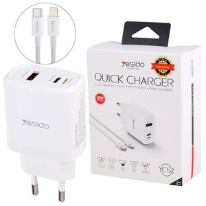 شارژر دیواری 30 وات یسیدو YC52 QC3.0 PD 3A + کابل تبدیل آیفونی