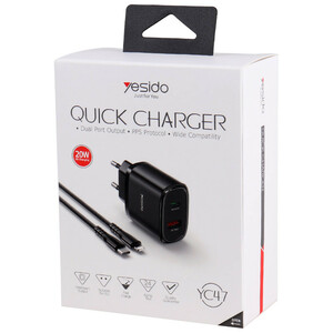 شارژر دیواری 20 وات یسیدو YC47 PD QC 3A + کابل تبدیل آیفونی