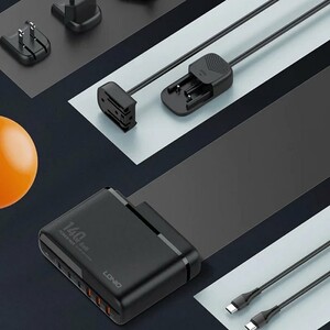 شارژر دیواری 140 وات الدینیو A6140C GaN QC5.0 PD 5A + کابل تبدیل تایپ سی و تبدیل برق