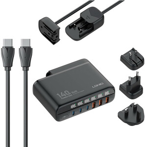 شارژر دیواری 140 وات الدینیو A6140C GaN QC5.0 PD 5A + کابل تبدیل تایپ سی و تبدیل برق