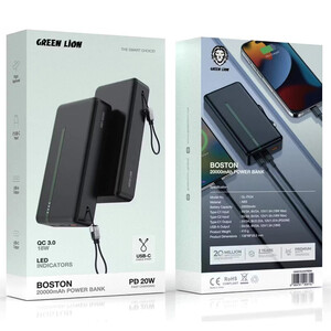 پاور بانک فست شارژ گرین لاین Boston GL-PX34 GNBOS20KPBBK QC3.0 PD 20W ظرفیت 20000 میلی آمپر ساعت