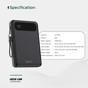 پاور بانک فست شارژ گرین لاین Toledo GL-PX36 GNTOPB10K PD 22.5W ظرفیت 10000 میلی آمپر ساعت