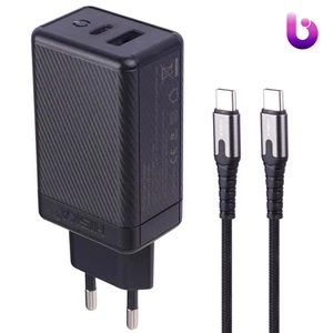 شارژر دیواری فست شارژ Hiska H-126 GaN 2Port QC3.0 PD 5A 65W + کابل تبدیل تایپ سی