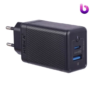 شارژر دیواری فست شارژ Hiska H-126 GaN 2Port QC3.0 PD 5A 65W + کابل تبدیل تایپ سی