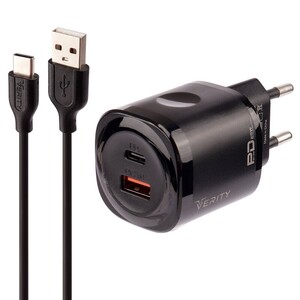 شارژر دیواری فست شارژ Verity AP-2125 2Port 3A QC3.0 PD 20W + کابل تایپ سی