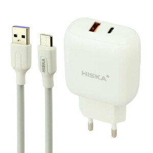 شارژر دیواری فست شارژ Hiska H-112 2Port QC3.0 3A PD 18W + کابل تایپ سی