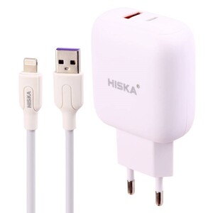 شارژر دیواری فست شارژ Hiska H112-PD 2Port QC3 PD 3A 18W + کابل آیفونی