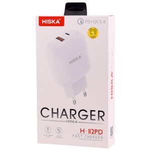 شارژر دیواری فست شارژ Hiska H112-PD 2Port QC3 PD 3A 18W + کابل آیفونی