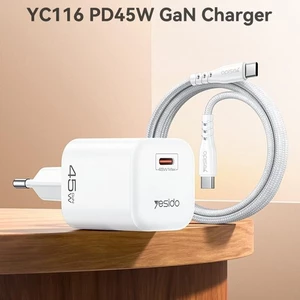 شارژر دیواری 45 وات یسیدو YC116 GaN PD 3A + کابل تبدیل تایپ سی