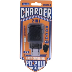 شارژر دیواری 20 وات یوکی KI3Y QC3.0 PD 3.4A + کابل آیفونی