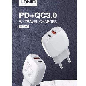 شارژر دیواری فست شارژ LDNIO A2313C QC3 PD 18W + کابل Type-C