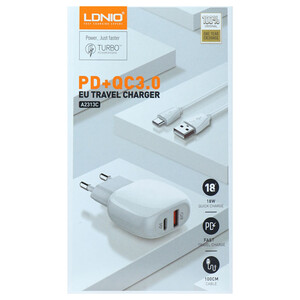 شارژر دیواری فست شارژ LDNIO A2313C QC3 PD 18W + کابل Type-C