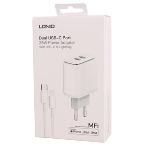 شارژر دیواری فست شارژ LDNIO A2528M 2Port 3A PD 35W + کابل آیفونی