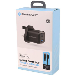 شارژر دیواری فست شارژ Powerology PWCUQC021 2Port 3A QC3.0 PD 35W + کابل آیفونی