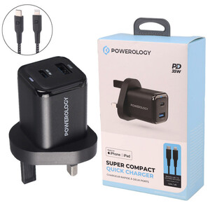 شارژر دیواری فست شارژ Powerology PWCUQC021 2Port 3A QC3.0 PD 35W + کابل آیفونی