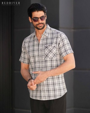 پیراهن چهارخانه پنبه کنف آستین کوتاه کد 5077