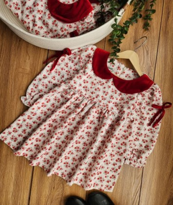 پیراهن مخمل گلریز قرمز یقه مخمل