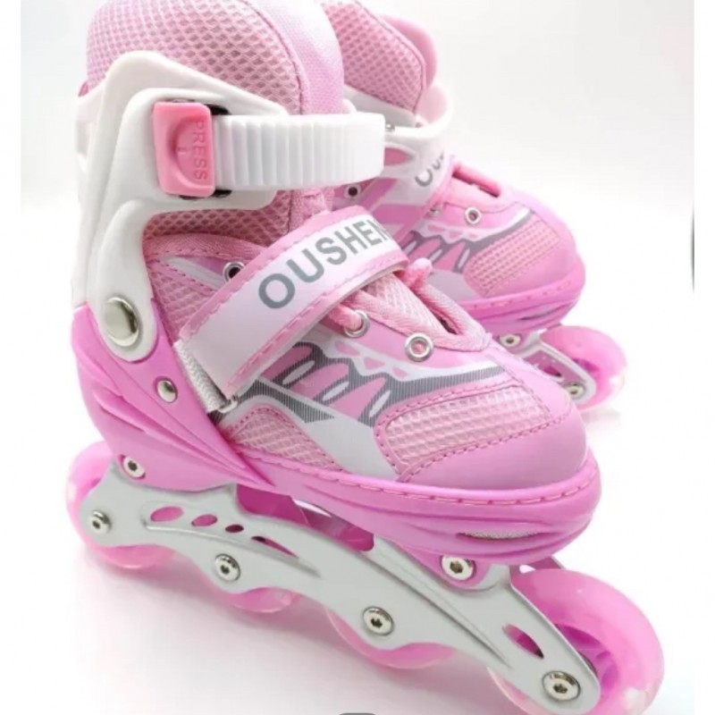 اسکیت قابل تنظیم OUSHEN سایز 35-38 رنگ صورتی همراه با ست ایمنی و کیف حمل